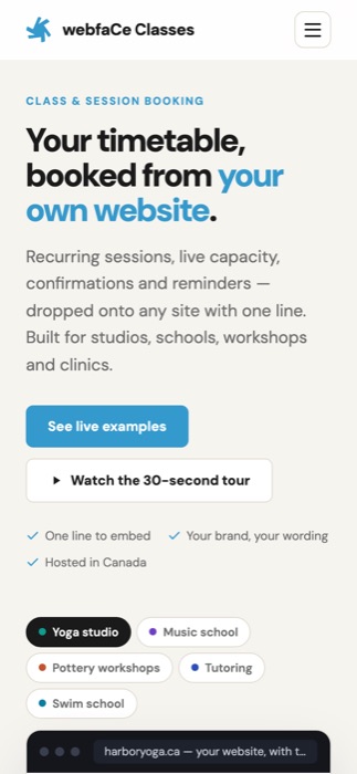Phone view of classes.webfacemedia.com/#tour